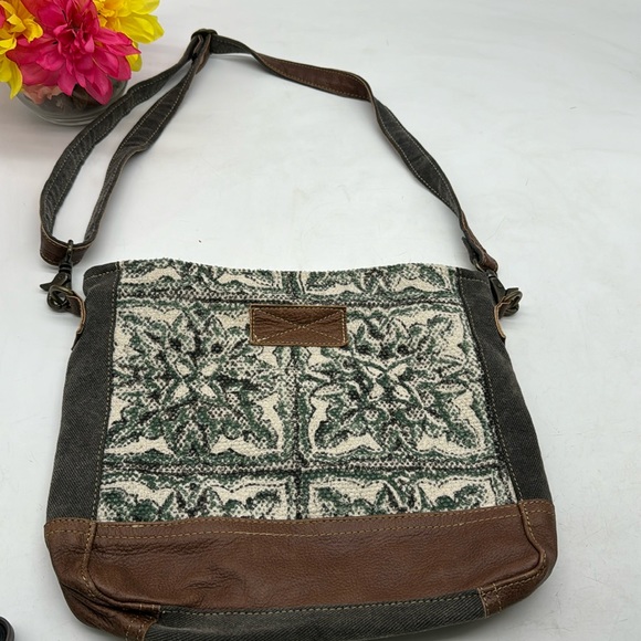 Myra Bag Handbags - Myra Black White Patterned Leather Canvas Upcycled Crossbody Bag MCB5242P